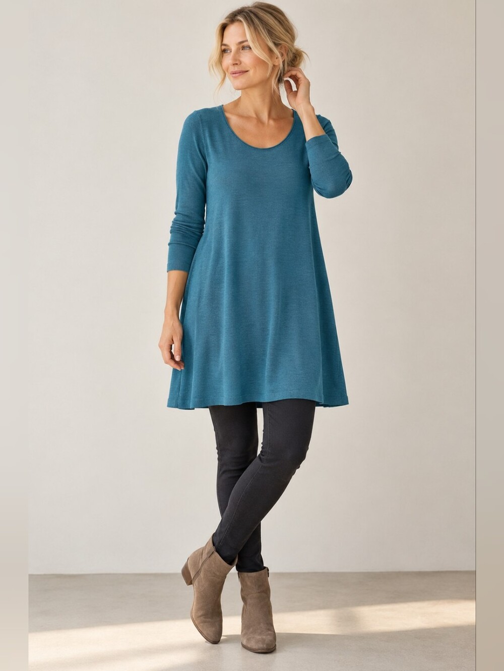 EILEEN FISHER 100% MERINO WOOL TEAL A-LINE TUNIC SWEATER SIZE M